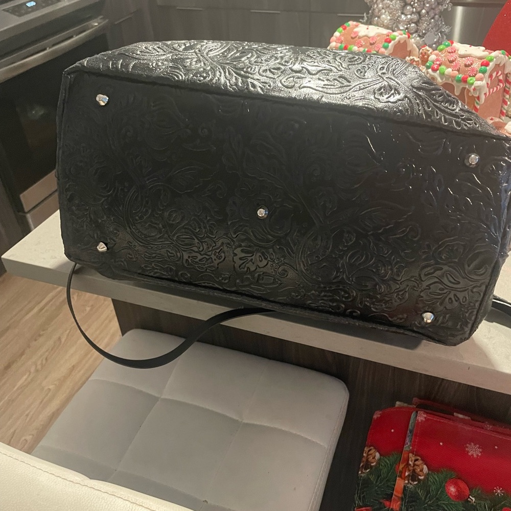 Embossed Black Leather Satchel with Top Handles - Picture 9 of 9
